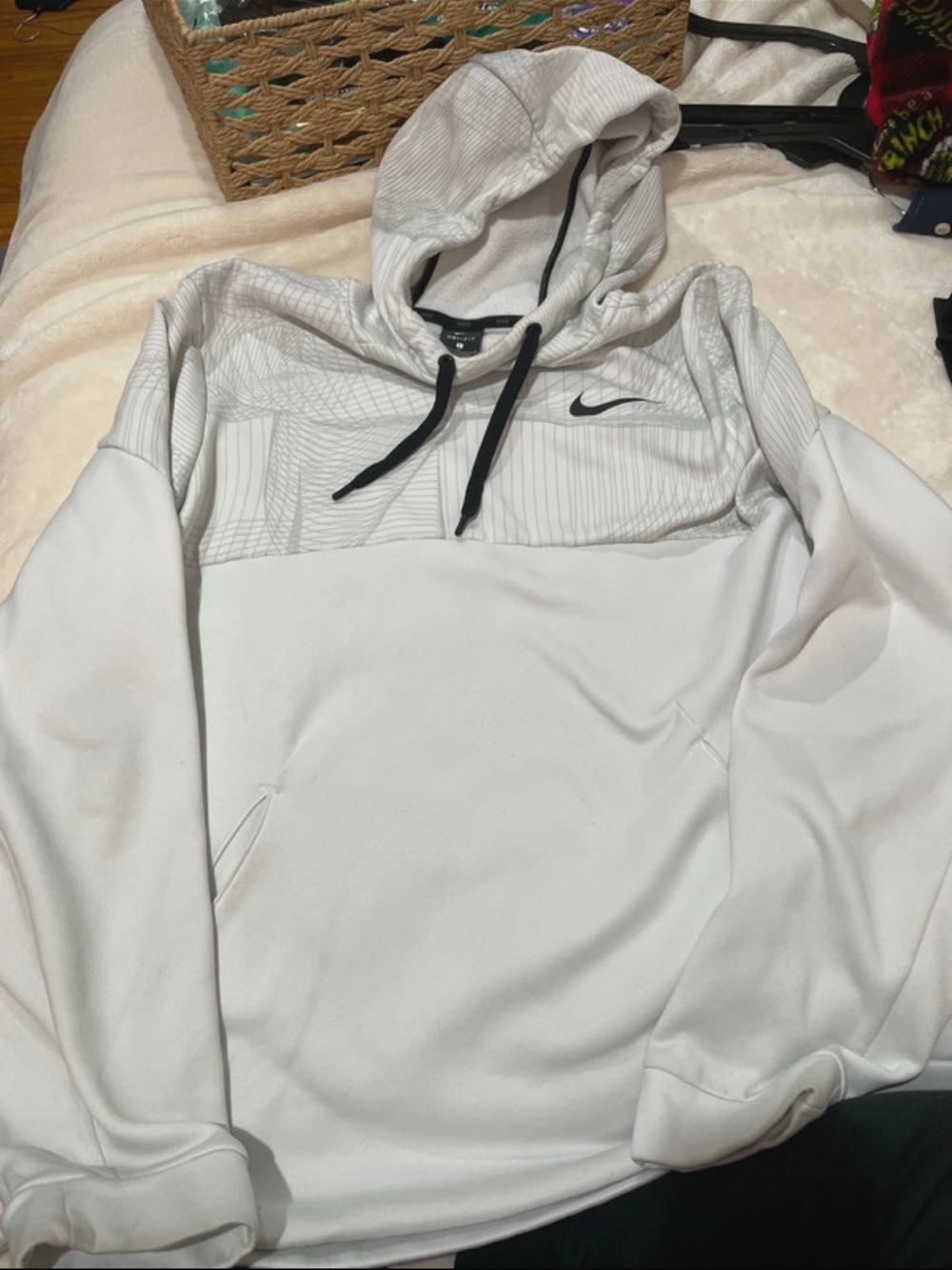 Nike White Pullover Hoodie with Black Swoosh and Drawcords